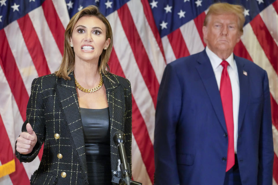 FILE - Attorney Alina Habba is joined by former President Donald Trump as she speaks during a news conference, Jan. 11, 2024, in New York. Testy encounters between lawyers for former President Donald Trump and judges have come to be expected as the attorneys carry into the courtroom the bombastic, and often antagonistic, style that defines his campaign trail demeanor. (AP Photo/Mary Altaffer, File)