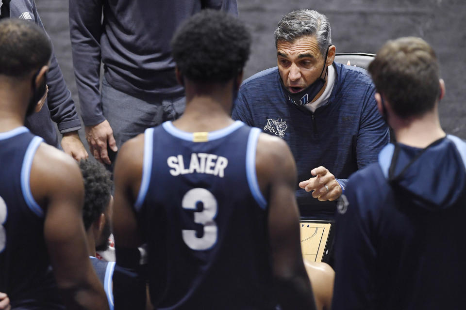 Villanova coach Jay Wright talks to the team during the second half of an NCAA college basketball game against Arizona State, Thursday, Nov. 26, 2020, in Uncasville, Conn. (AP Photo/Jessica Hill)