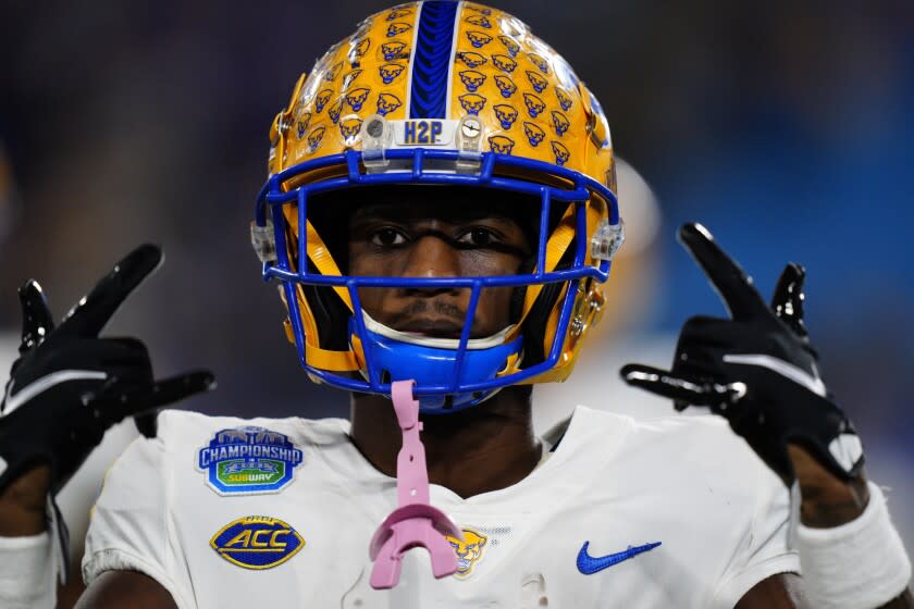 Pittsburgh wide receiver Jordan Addison arrives for the Atlantic Coast Conference championship.