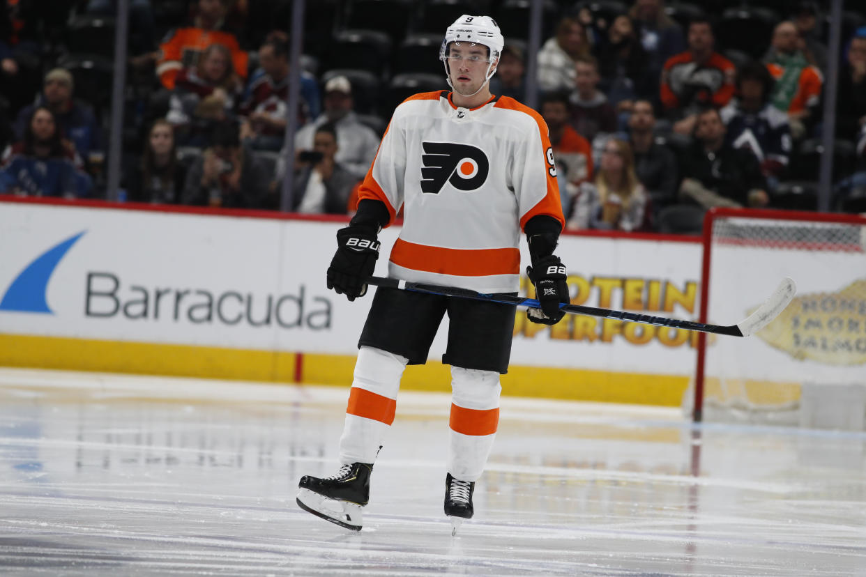 Philadelphia Flyers defenseman Ivan Provorov (9) in the second period of an NHL hockey game Wednesday, March 28, 2018, in Denver. (AP Photo/David Zalubowski)