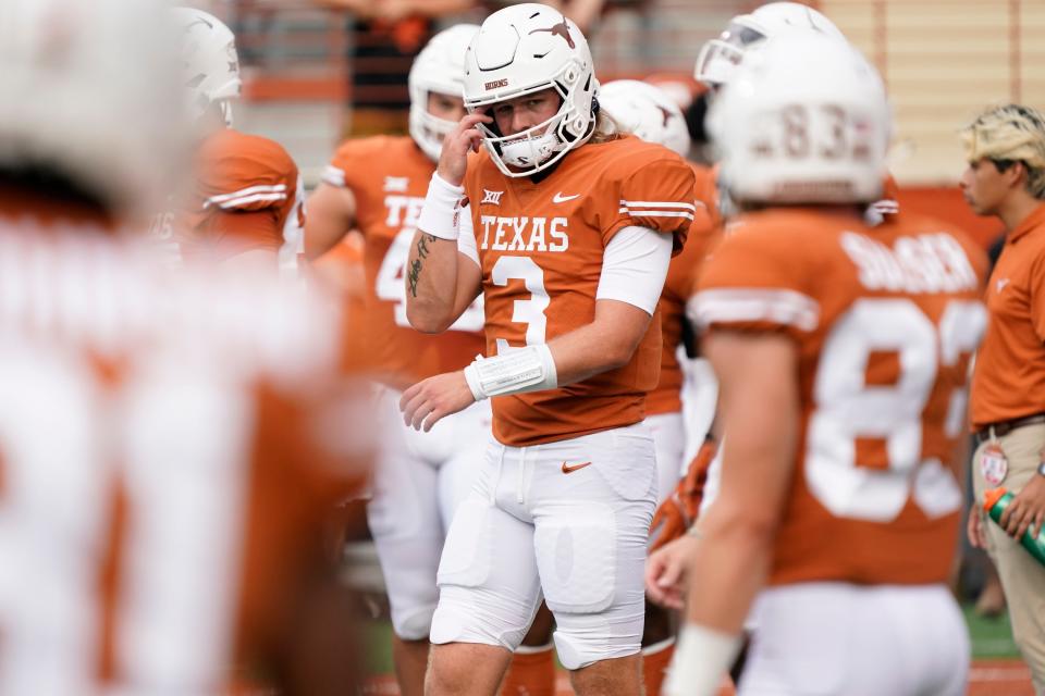 Texas quarterback Quinn Ewers started shaky, throwing an interception on his second pass attempt, but turned things around. He finished with 225 yards passing and a pair of touchdowns.