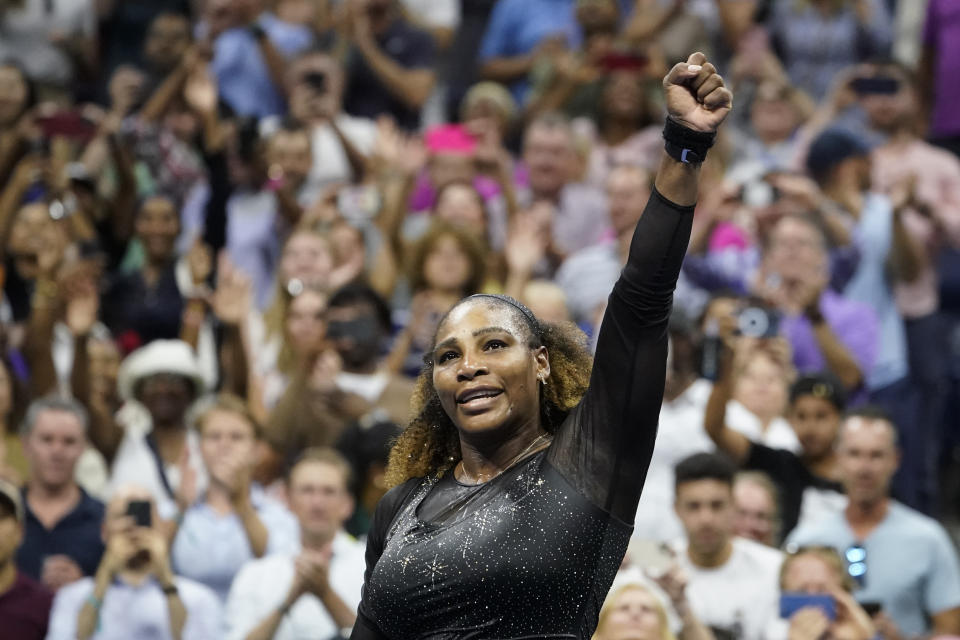 Serena Williams, of the United States, reacts after defeating Danka Kovinic, of Montenegro, during the first round of the US Open tennis championships, Monday, Aug. 29, 2022, in New York. (AP Photo/John Minchillo)