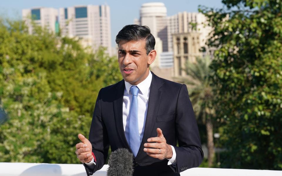 Rishi Sunak, the Prime Minister, speaks to broadcasters in Dubai this morning as he attends the Cop28 climate summit