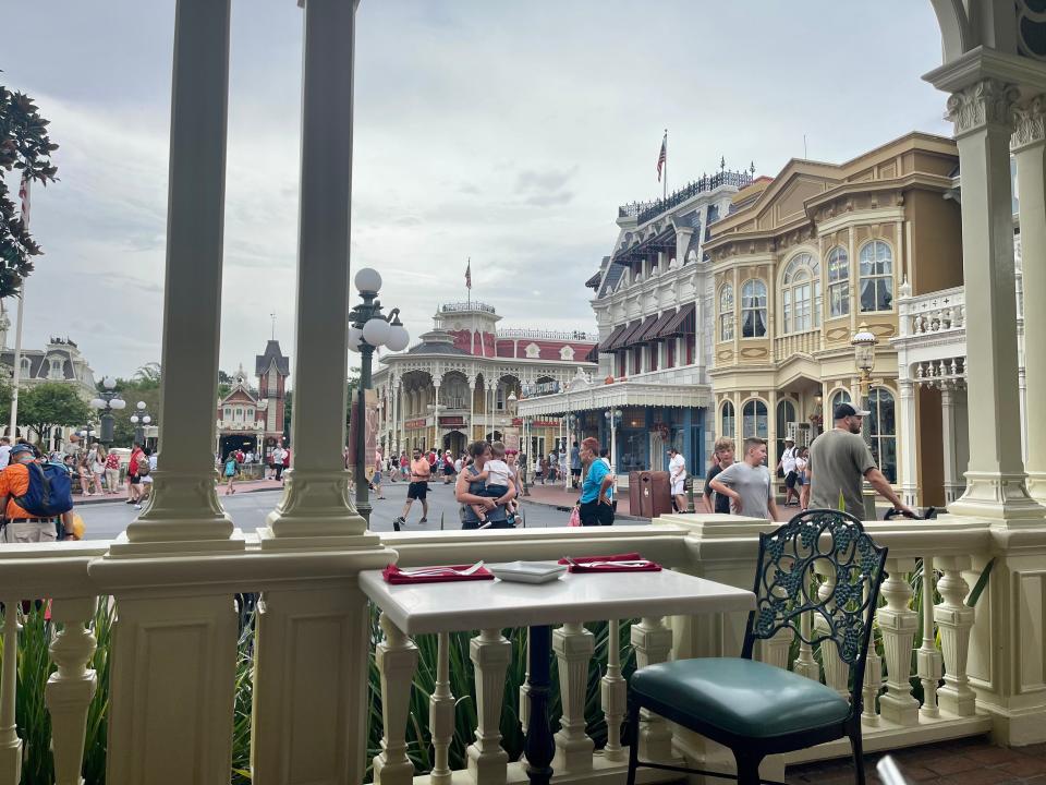 view of main street usa at magic kingdom from tony's town square restaurant in disney world