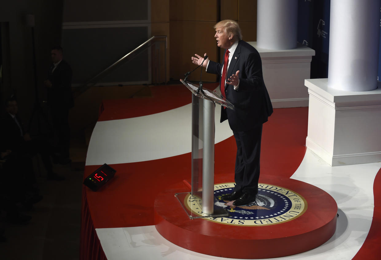 Donald Trump speaks at the Republican Jewish Coalition Presidential Forum in 2015. 