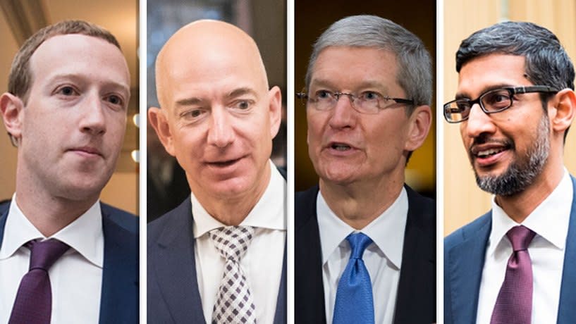 四大科技公司的CEO將出席國會聽證會。左起為臉書CEO祖克柏、亞馬遜創辦人貝索斯、蘋果CEO庫克和Google CEO皮查伊。（Photo from網路截圖）