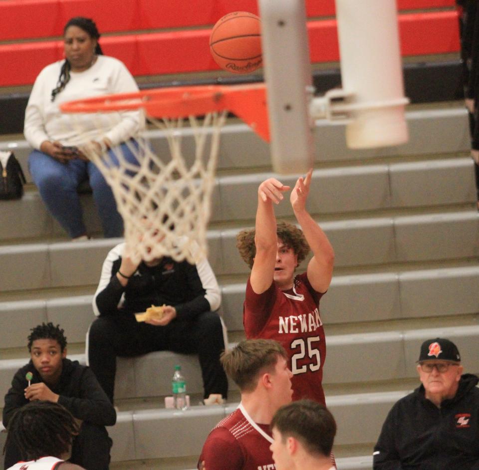 Newark's Ty Gilbert shoots a 3-pointer during the visiting Wildcats' 58-27 victory against Groveport on Tuesday, Jan. 9, 2024.