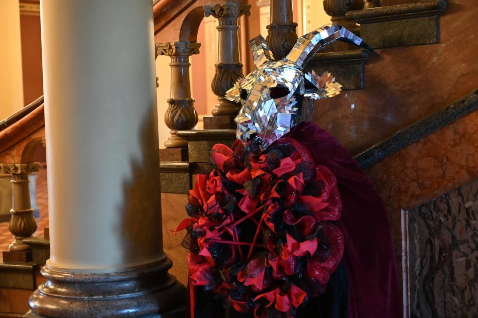 The Satanic Temple of Iowa display at the Iowa State Capitol, seen here days before it was destroyed.