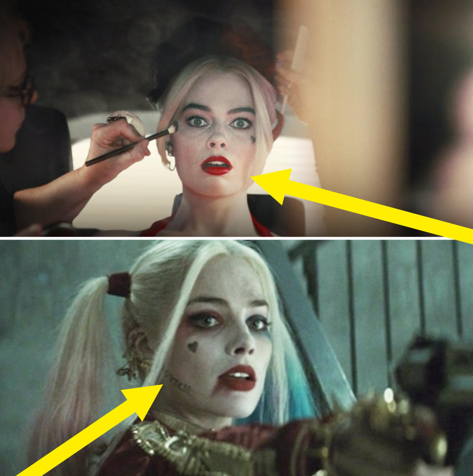 Harley without the "rotten" tattoo vs. her with it