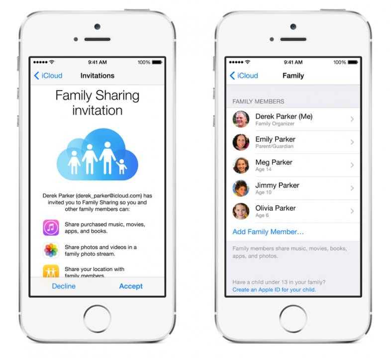 <b>Family Sharing.</b> iCloud can only distinguish between devices, not the different people who might be using those devices. But in iOS 8, a new feature called “Family Sharing” allows up to six family members to separate their accounts from each other on the same device, but still be able to share their purchases with everyone — things like books, movies, TV shows, and apps. You’ll also be able to make dedicated family calendars and photo albums, so all accounts on all devices can easily share photos and events in a single organized place.