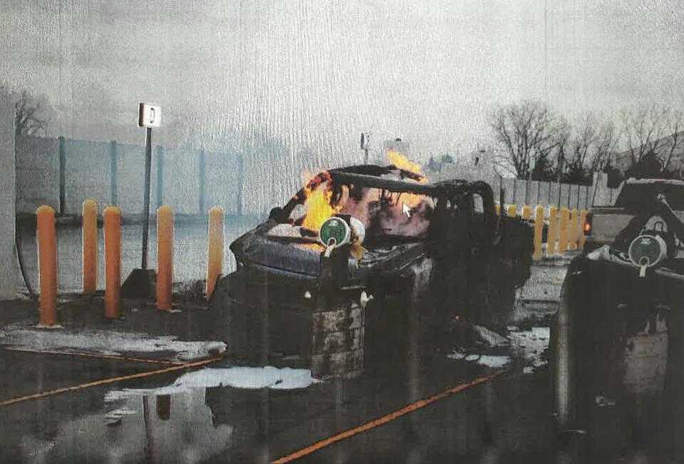 Images of the February battery fire damage to all-electric Ford F-150 pickup trucks in a Dearborn holding lot. Dearborn police and fire personnel responded to the incident, which involved three electric vehicles and no injuries and resulted in a five-week production shutdown.