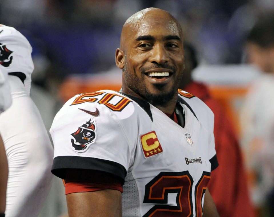 FILE - Tampa Bay Buccaneers free safety Ronde Barber reacts during the second half of the team's NFL football game against the Minnesota Vikings, Oct. 25, 2012, in Minneapolis. Barber never doubted he’d wind up in the Pro Football Hall of Fame. The undersized cornerback’s journey included some of the most memorable plays in Tampa Bay Buccaneers history, as well as five trips to Canton in which he resisted the temptation to step foot in the building where he’ll be enshrined as part of a class of nine 2023 inductees. (AP Photo/Jim Mone, File)