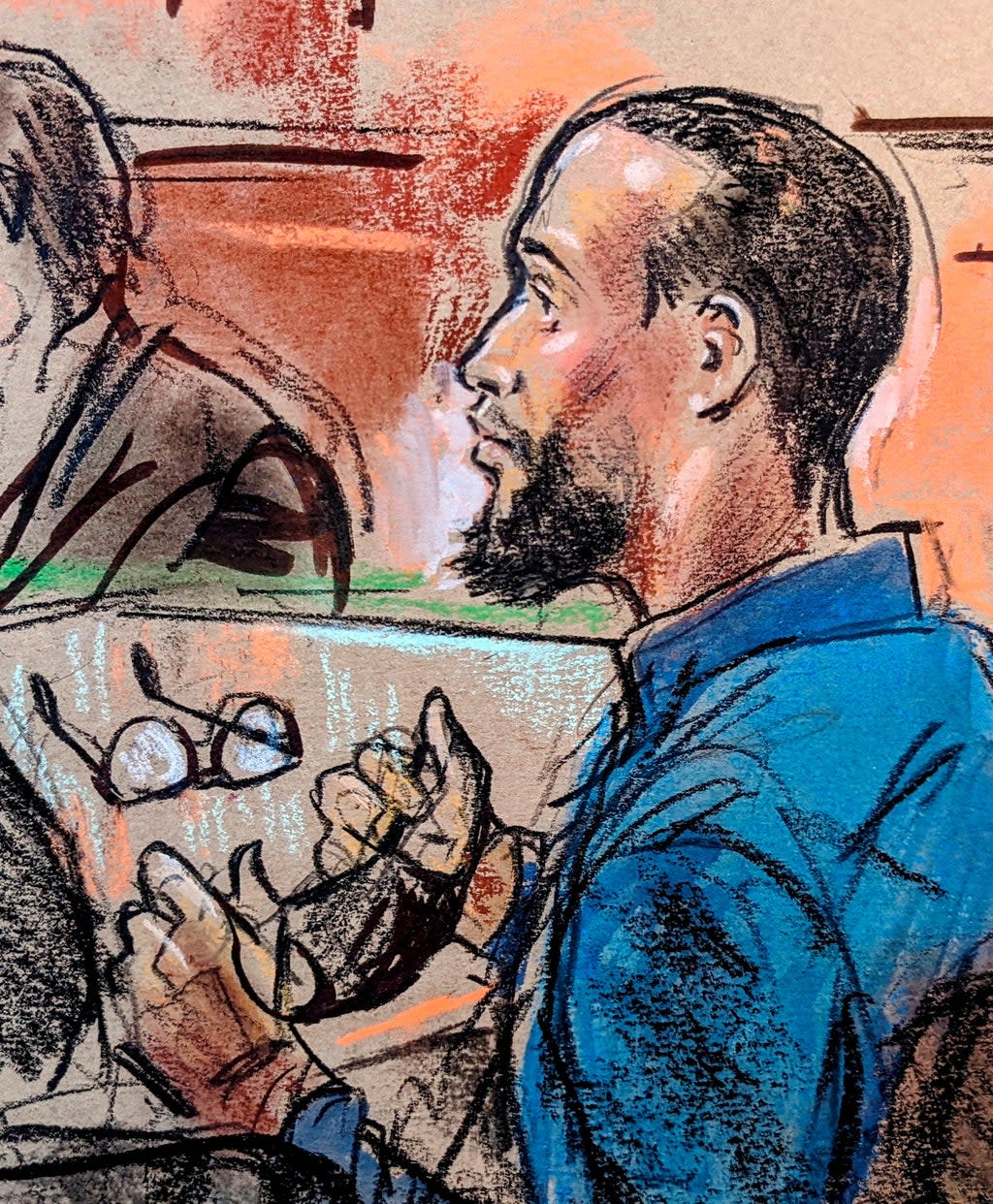 El Shafee Elsheikh, a former British national accused of engaging in lethal hostage-taking and conspiracy to commit murder as an alleged member of an Islamic State cell nicknamed “the Beatles” that operated in Syria and Iraq, takes off his face mask and glasses for identification purposes as he attends testimony in his trial in U.S. federal court in Alexandria, Virginia, U.S. April 1, 2022. (Bill Hennessy via Reuters)