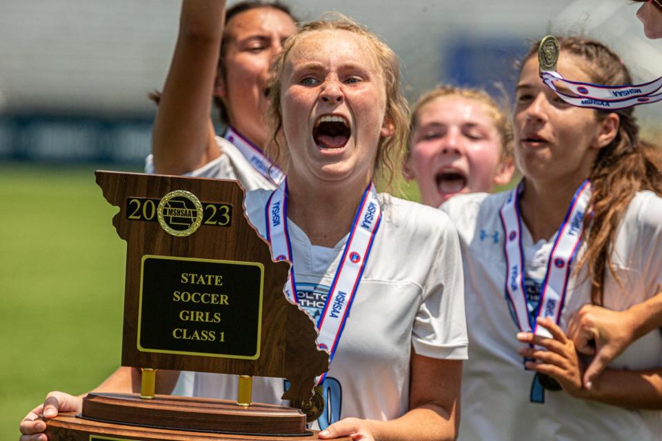 Tolton's Macie Parmer shrieks with delight following the Class 1 girls championship soccer match on Saturday, June 3, 2023, at Soccer Park in St. Louis County, Mo.  Tolton defeated Villa 1-0.