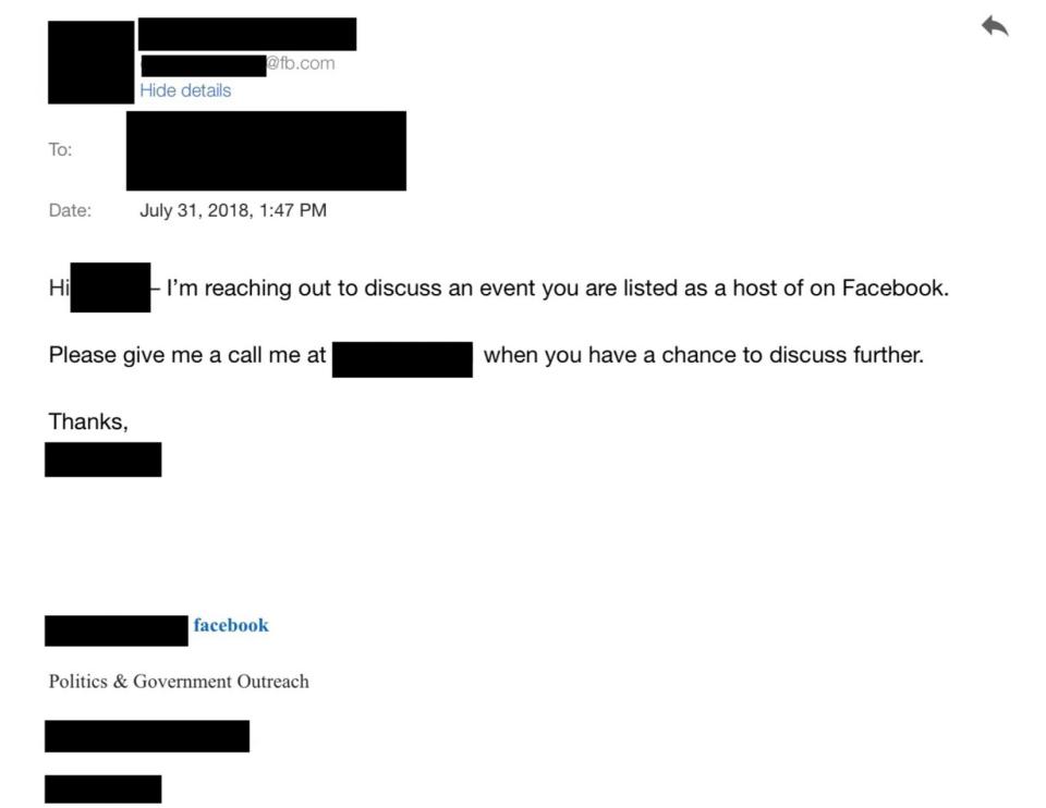 A screenshot of an email Facebook sent to activists. (Photo: HuffPost)