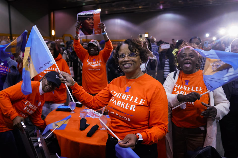 Supporters of Democratic mayoral candidate Cherelle Parker react during an election night event party in Philadelphia, Tuesday, Nov. 7, 2023. Parker has been elected as Philadelphia's 100th mayor, becoming the first woman to hold the office. (AP Photo/Matt Rourke)