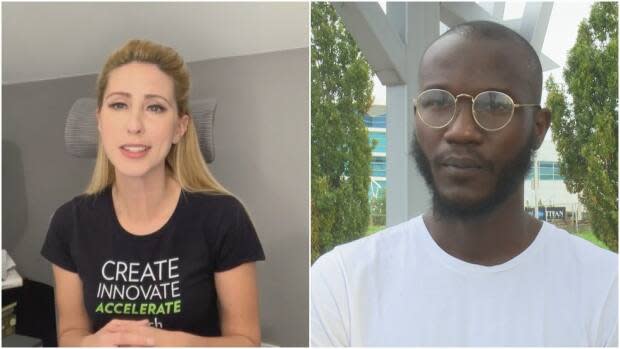 Yvonne Pilon (left) wants to cross the border to see loved ones, but she says the pricetag is nearly 100 times what it used to be. Yahaya Alphonse (right) is a University of Windsor masters' student, who says the border closure is impacting his education and ability to network. (Jennifer La Grassa/CBC - image credit)