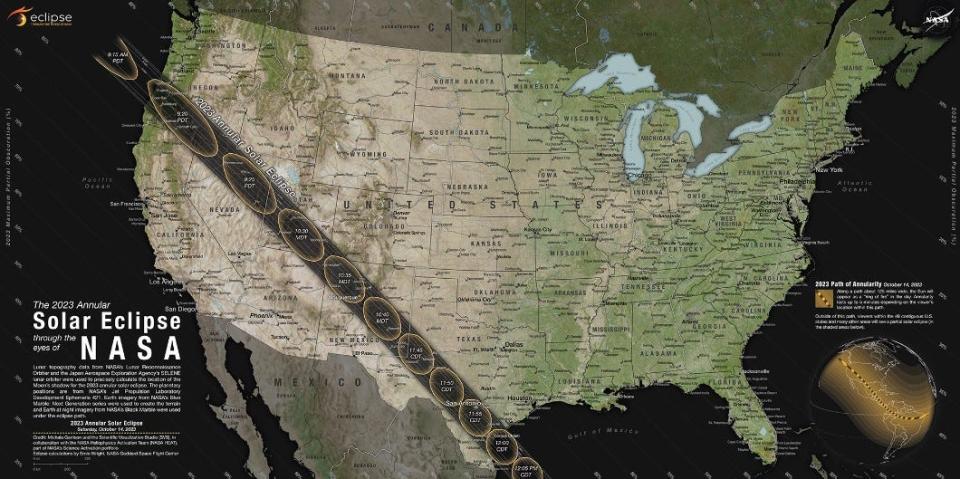 Over the United States this Saturday, the path of the moon's shadow will run from Oregon to Texas, and Southern New England will get a partial eclipse.