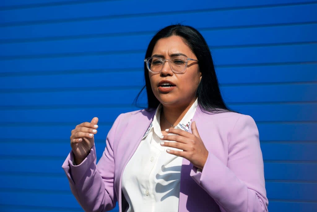 Democratic Congressional candidate Jessica Cisneros speaks to the media before a rally, Feb. 12, 2022, in San Antonio. Cisneros is challenging nine-term U.S. Rep. Henry Cuellar in Texas’ Democratic primary runoff election on Tuesday May 24, 2022. (AP Photo/Eric Gay, File)