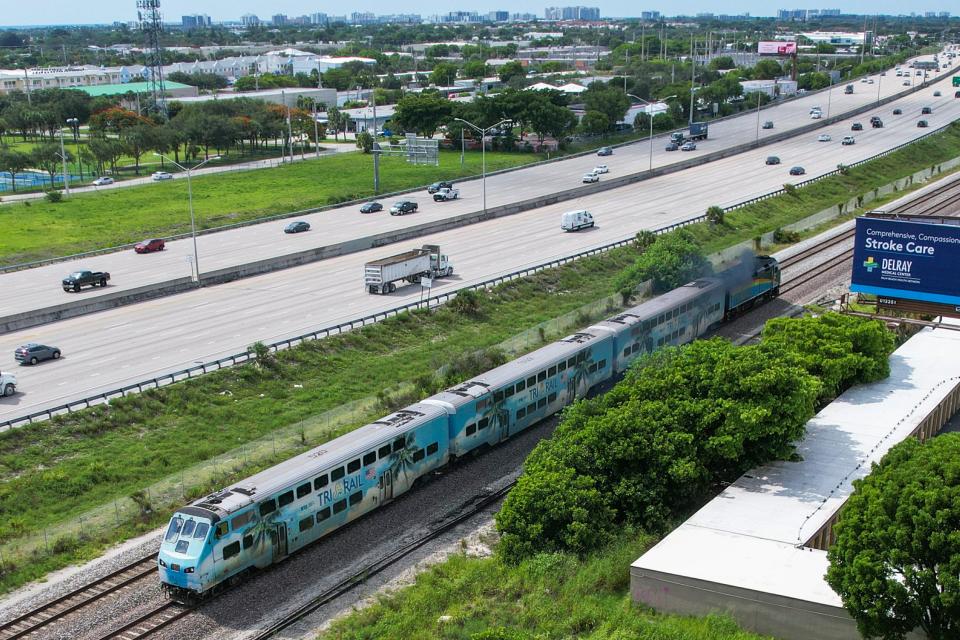 The southbound Tri-Rail train departs from the Delray Beach Tri-Rail station on Thursday, June 22, 2023, in Delray Beach, Fla.