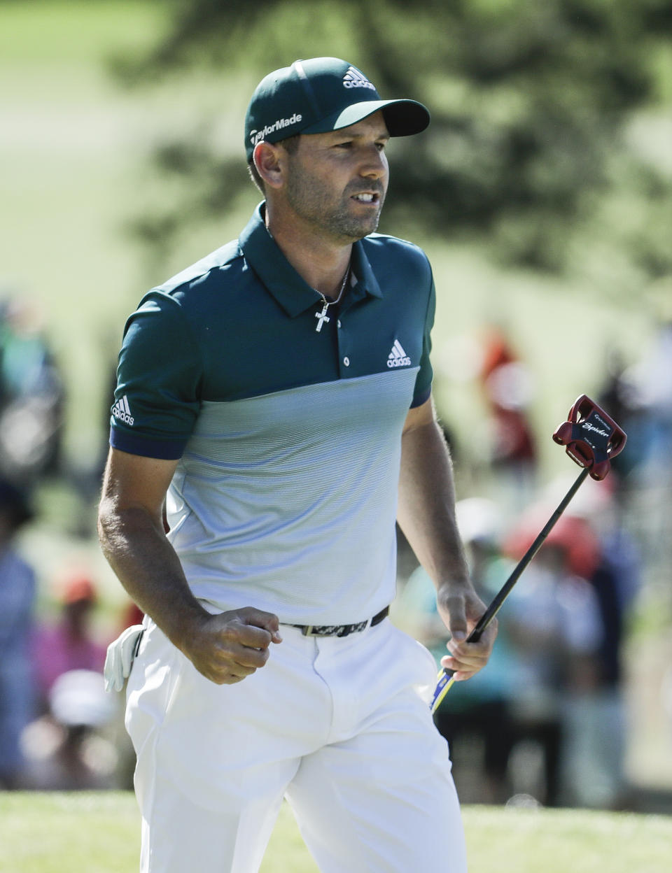 Sergio Garcia, of Spain, reacts after saving par on the seventh hole during the final round of the Masters golf tournament Sunday, April 9, 2017, in Augusta, Ga. (AP Photo/Chris Carlson)