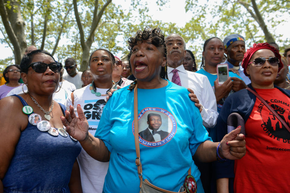 Gwen Carr, Eric Garner's mother, speaks in Brooklyn during a march commemorating the two-year anniversary of her son's death. (Photo: Stephanie Keith via Getty Images)