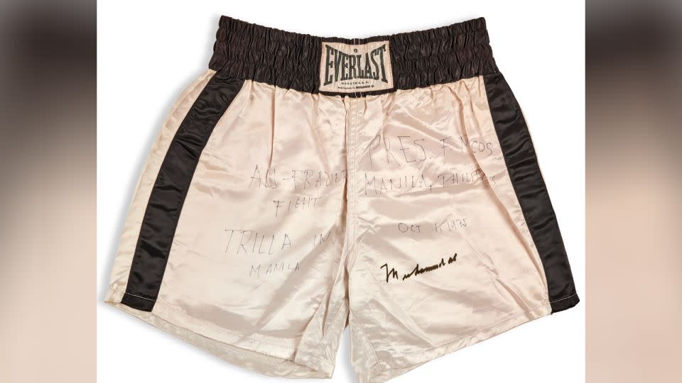 Muhammad Ali's signed trunks are on auction until April 12. - Courtesy Sotheby's