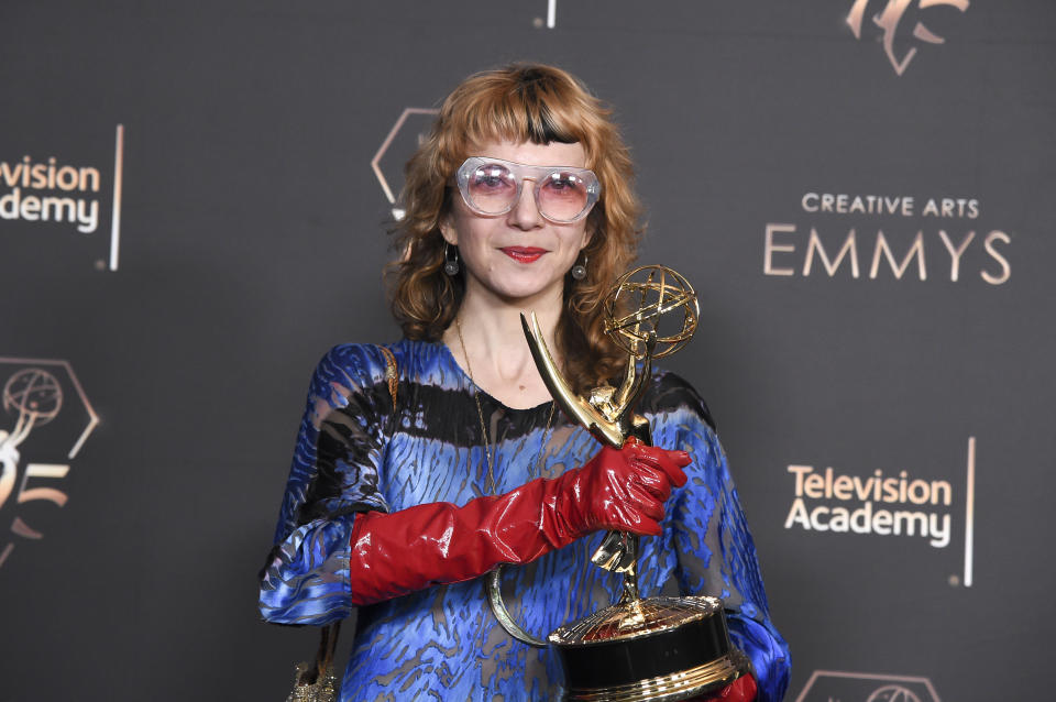 Maya Edelman poses in the press room with the award for outstanding individual achievement in animation for "Color - More Than I Want To Remember" during night two of the Creative Arts Emmy Awards on Sunday Jan. 7, 2024, at the Peacock Theater in Los Angeles. (Photo by Richard Shotwell/Invision/AP)