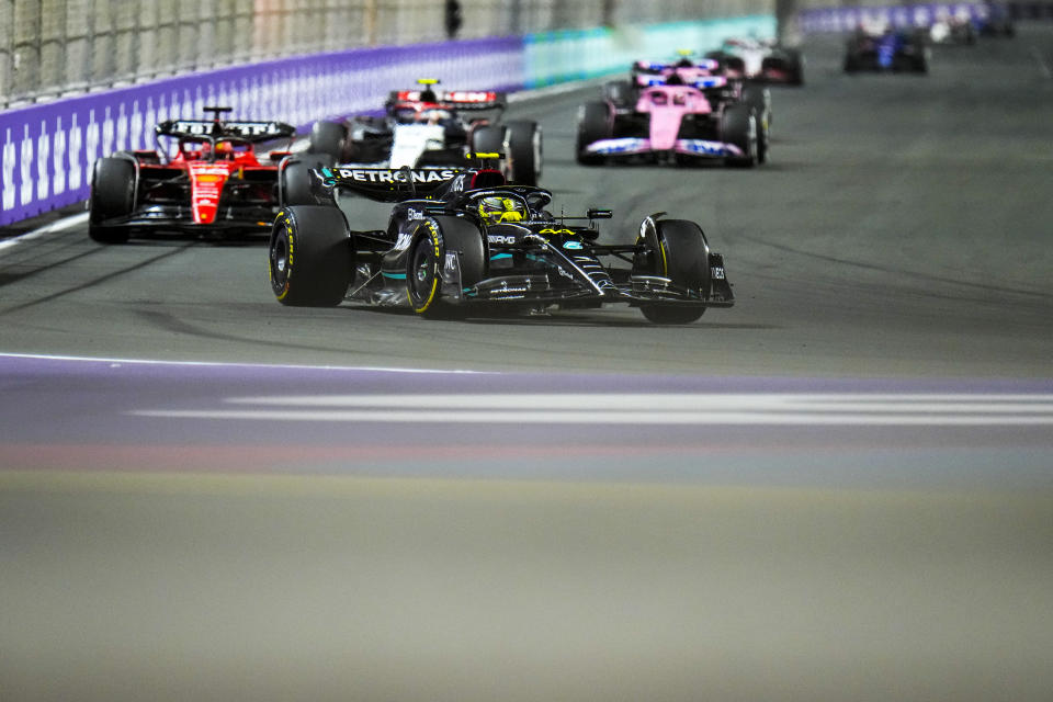 Mercedes driver Lewis Hamilton of Britain steers his car during the Saudi Arabia Formula One Grand Prix at the Jeddah corniche circuit in Jeddah, Saudi Arabia, Sunday, March 19, 2023. (AP Photo/Hassan Ammar)