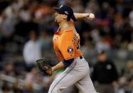 Oct 6, 2015; Bronx, NY, USA; Houston Astros relief pitcher Luke Gregerson (44) throws against the New York Yankees during the ninth inning in the American League Wild Card playoff baseball game at Yankee Stadium. Houston won 3-0. Adam Hunger-USA TODAY Sports