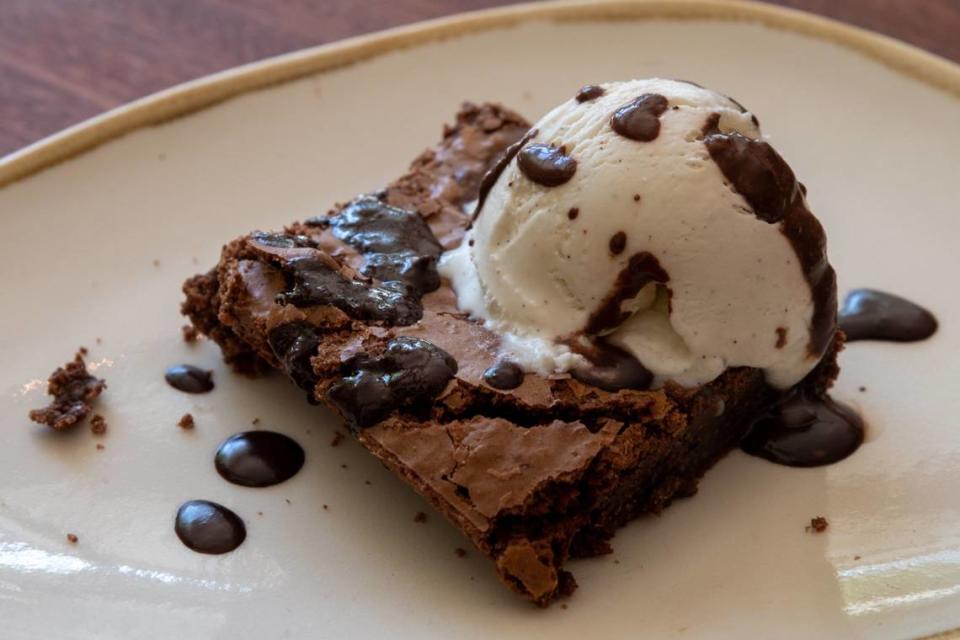 A gluten free brownie with ice cream is photographed at Juju Kitchen & Cocktails in Sacramento.