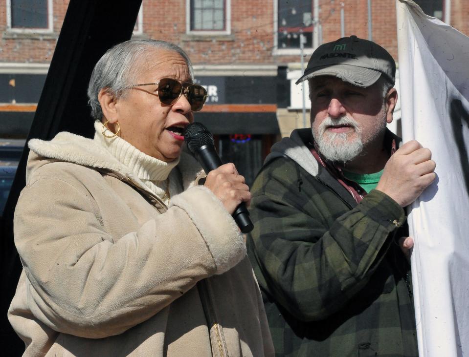 Juanita Greene announces the Wayne County Racial Justice Coalition and the NAACP will now focus their police reform efforts in Orrville during 1,000th daily Black Lives Matter demonstration Saturday in downtown Wooster. Greene is the local NAACP chapter president.