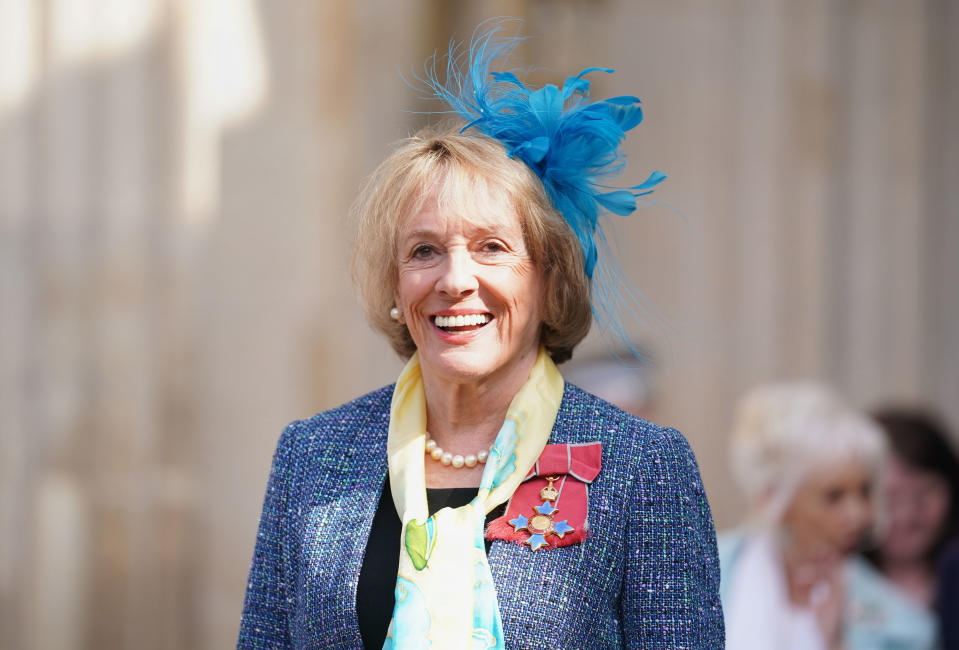 Esther Rantzen leaving after the Service of Thanksgiving for Forces' sweetheart Dame Vera Lynn at Westminster Abbey, London. The singer and entertainer lifted people's spirits during the Second World War with songs including We'll Meet Again and The White Cliffs Of Dover. She died in June 2020, aged 103. Picture date: Monday March 21, 2022. (Photo by Kirsty O'Connor/PA Images via Getty Images)