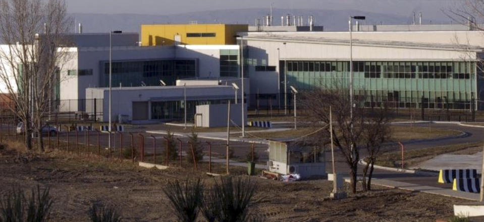 The building of a U.S. laboratory in Georgia is shown in a picture released by the Russian Defense Ministry during a briefing in the Russian Defense Ministry's headquarters in Moscow, Russia, Thursday, Oct. 4, 2018. Russia's Defense Ministry says the United States appears to be running a clandestine biological weapons lab in the country of Georgia, allegedly flouting international rules and posing a direct security threat to Russia. (Russian Defense Ministry Press Service, via AP)