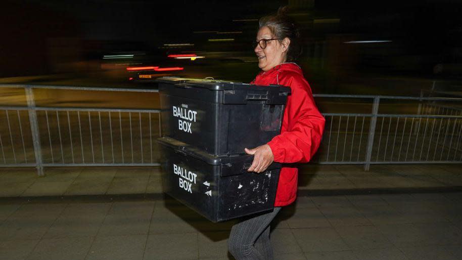 Ballot boxes arrive at Thornaby Pavillion for the verification process to begin after polls close during local elections in England and Wales on May 02, 2024 in Thornaby on Tees, England.
