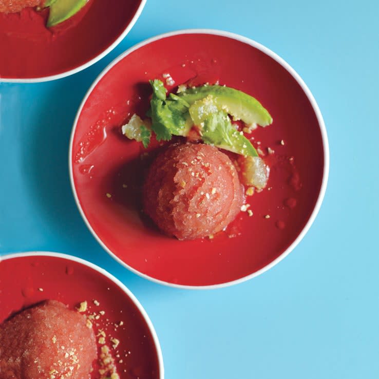 Avocado with Savory Tomato Sorbet and Chips