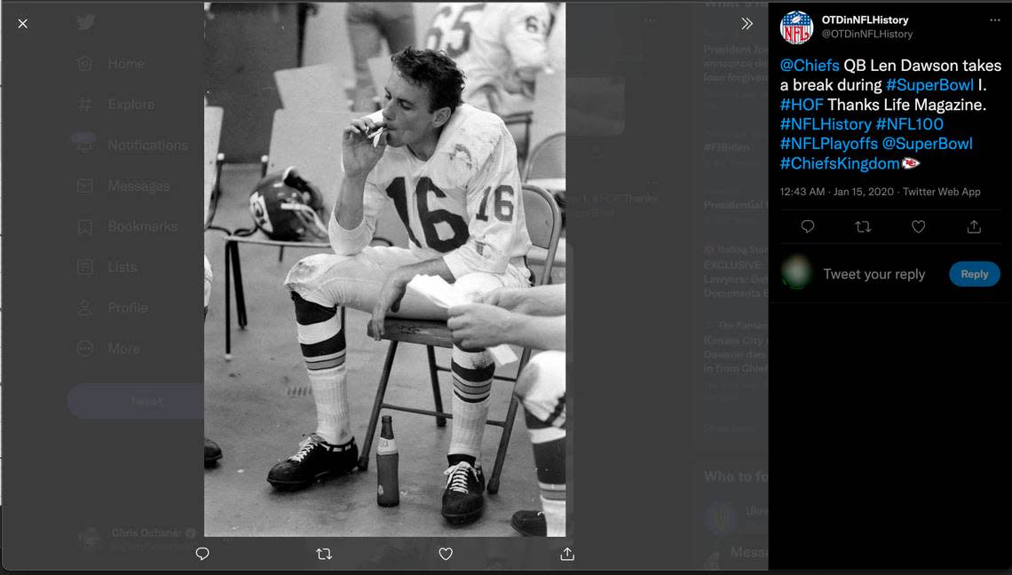 This Life Magazine image of a smoking Len Dawson, Fresca at his feet during halftime of the first Super Bowl, has grown in popularity decades after it was taken.