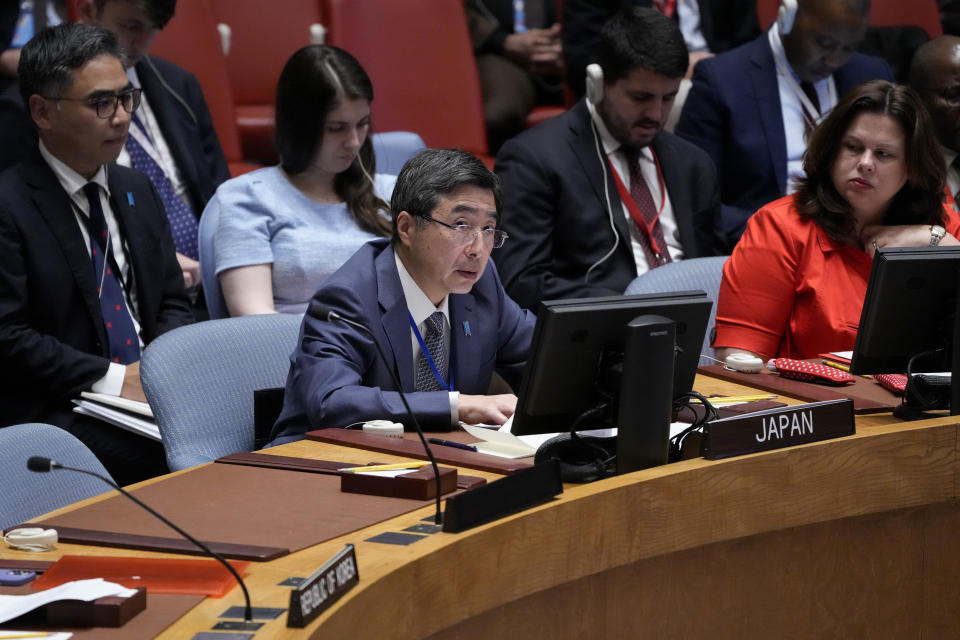 Kimihiro Ishikane, ambassador of Japan to the United Nations, speaks during a meeting of the United Nations Security Council to discuss the situation in the Democratic People's Republic of Korea, Thursday, Aug. 17, 2023, at United Nations headquarters. (AP Photo/John Minchillo)