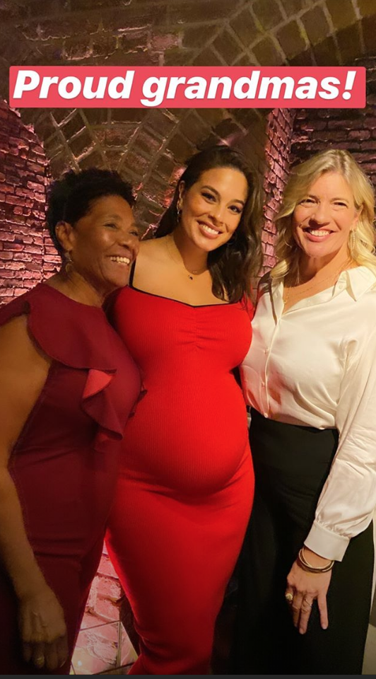 Ashley Graham is flanked by her mother-in-law Katie Griffy Ervin and mother Linda Graham at her baby shower. (Photo: Derek Blasberg/Instagram)