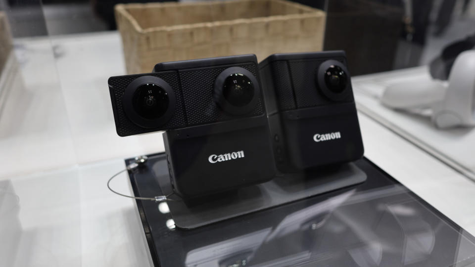 Canon Powershot concept 360-degree camera in display case at Photo Next Show 2023 in Japan