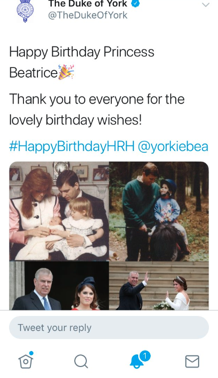 Prince Andrew Twitter message to Princess Beatrice