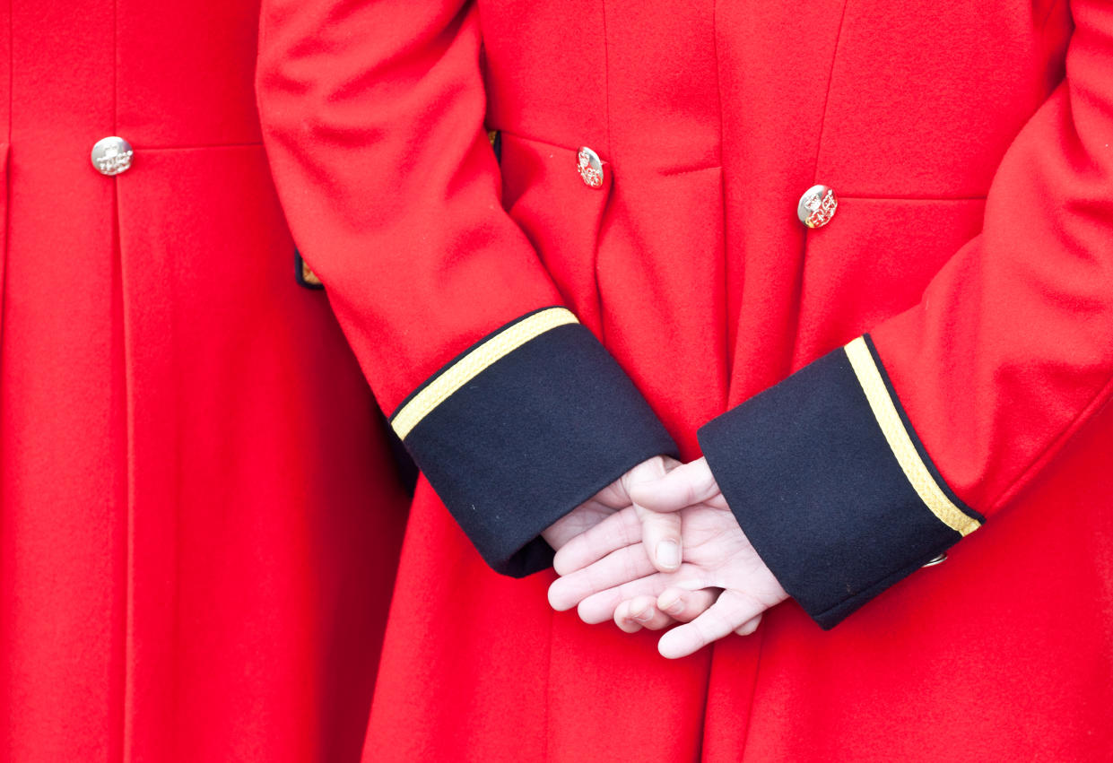 Hands and Uniform Chelsea Pensioner London UK.