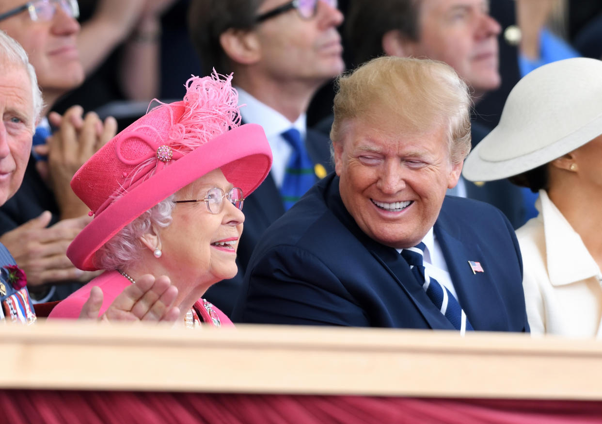 PORTSMOUTH, ENGLAND - JUNE 05: Queen Elizabeth II and US President Donald Trump attend the D-Day75 National Commemorative Event to mark the 75th Anniversary of the D-Day Landings at Southsea Common on June 05, 2019 in Portsmouth, England. (Photo by Karwai Tang/WireImage)