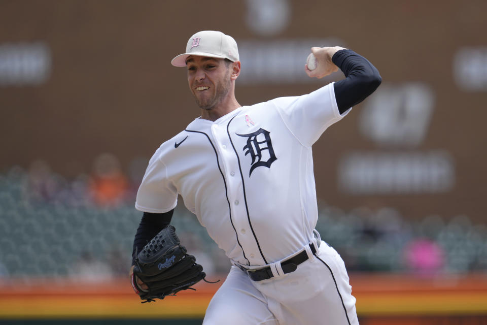 Detroit Tigers pitcher Joey Wentz throws against the Seattle Mariners in the first inning of a baseball game, Sunday, May 14, 2023, in Detroit. (AP Photo/Paul Sancya)