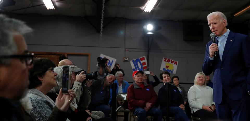 Former Vice President Joe Biden speaks at a town hall in Mason City, Iowa, where a voter said she hoped he would pick a woman as his running mate. (Photo: Shannon Stapleton / Reuters)