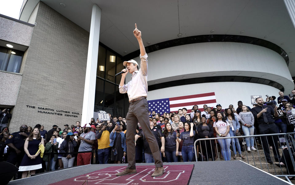Democratic presidential candidate and former Texas congressman Beto O'Rourke speaks during his presidential campaign kickoff rally in Houston, Saturday, March 30, 2019. (AP Photo/David J. Phillip)