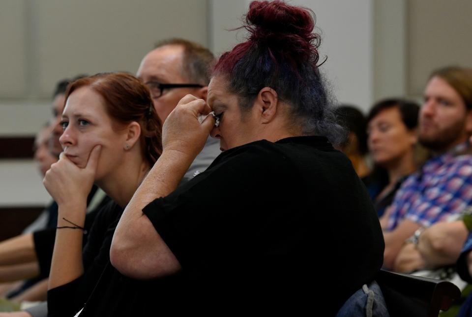 Family members and friends of the victims listen to witness testimony during the trial for Horace Palmer Williamson III at the Justice A.A. Birch Building Wednesday, June 21, 2023, in Nashville, Tenn. Williamson and Demontrey Logsdon are accused of a series of killings and robberies in August 2018 that ended with a double homicide outside East Nashville’s Cobra Bar.