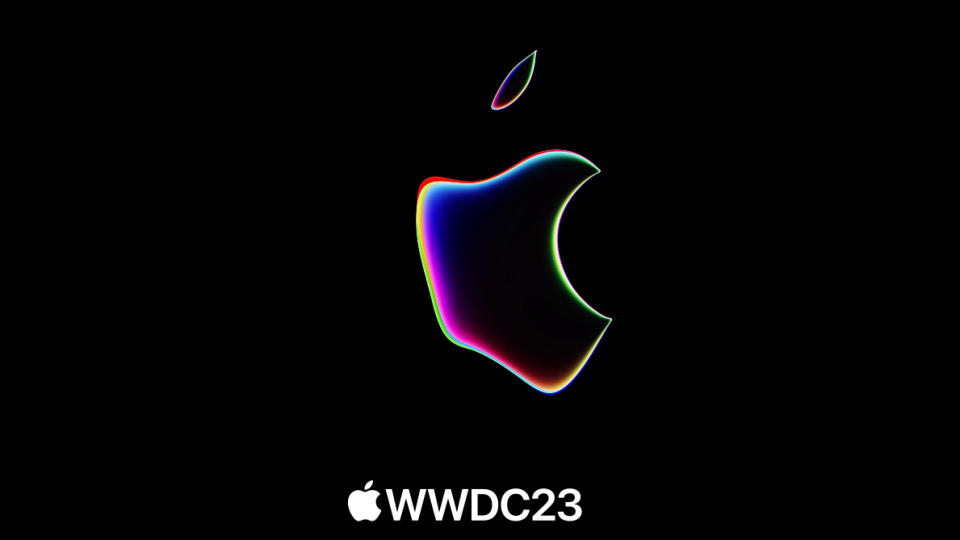  Apple rainbow logo in a shape shifted form with WWDC 2023 written underneath in white letters 