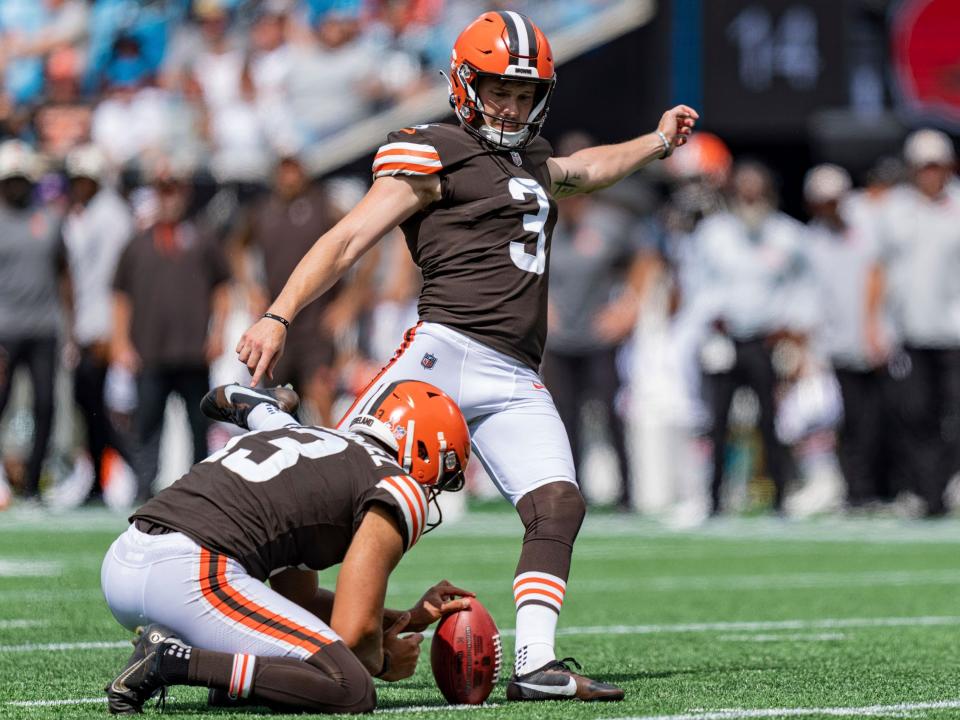 Cade York attempts a field goal against the Carolina Panthers.