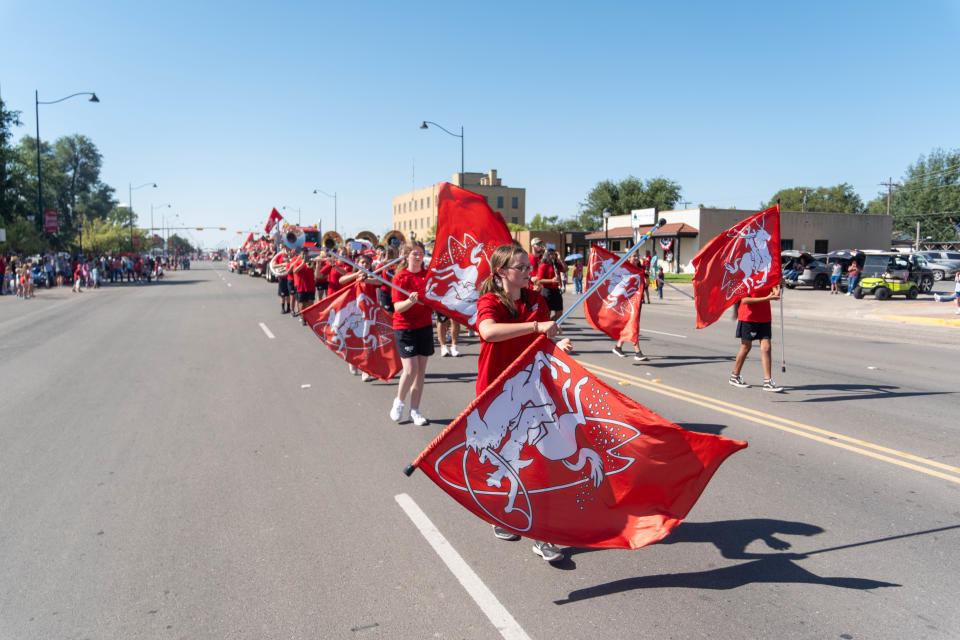 The Perryton High School Marching Band walks past the crowd at the 104th annual Wheatheart of the Nation Parade Saturday in Perryton.